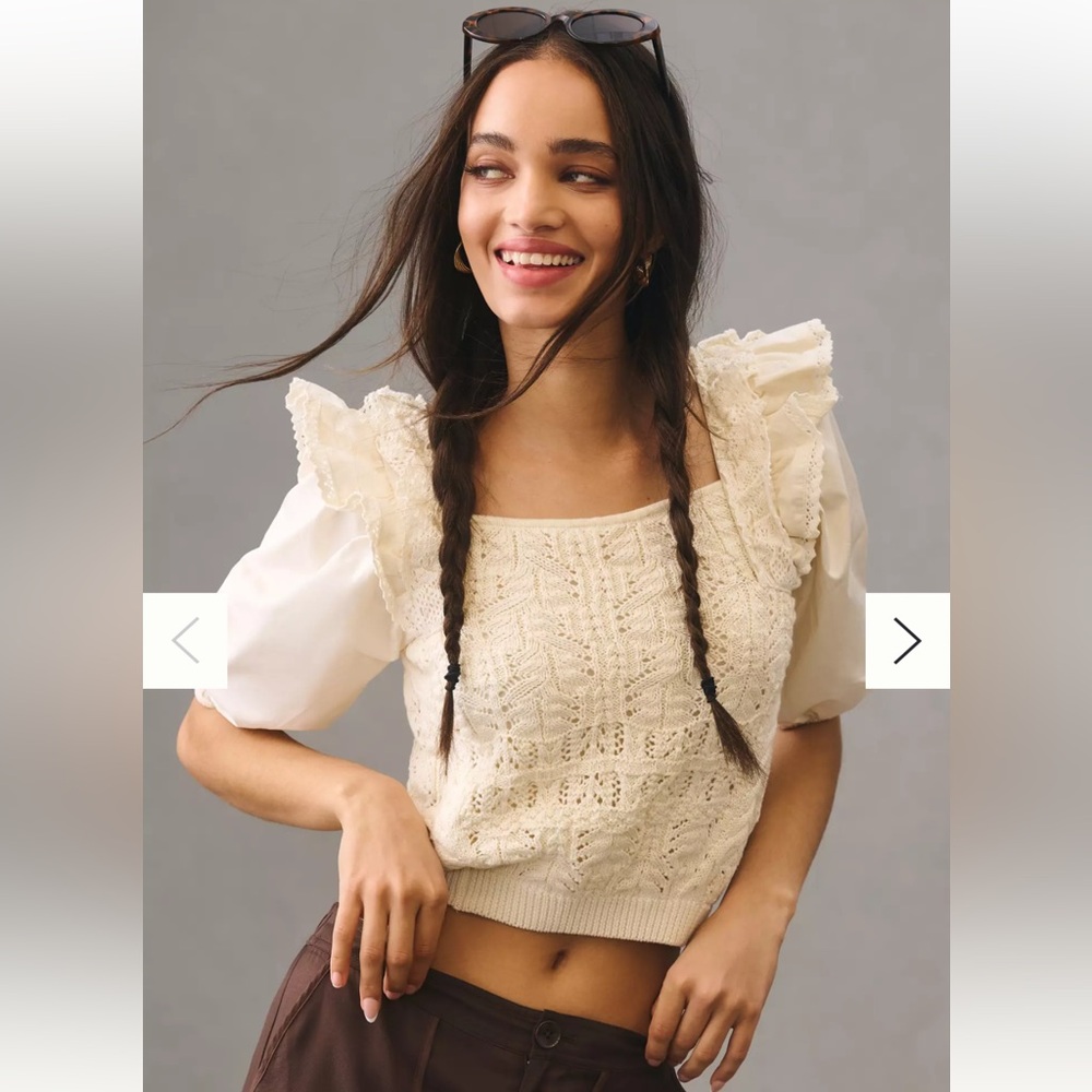 Anthropologie EN SAISON Collette Ruffled Puff Sleeve Sweater Top